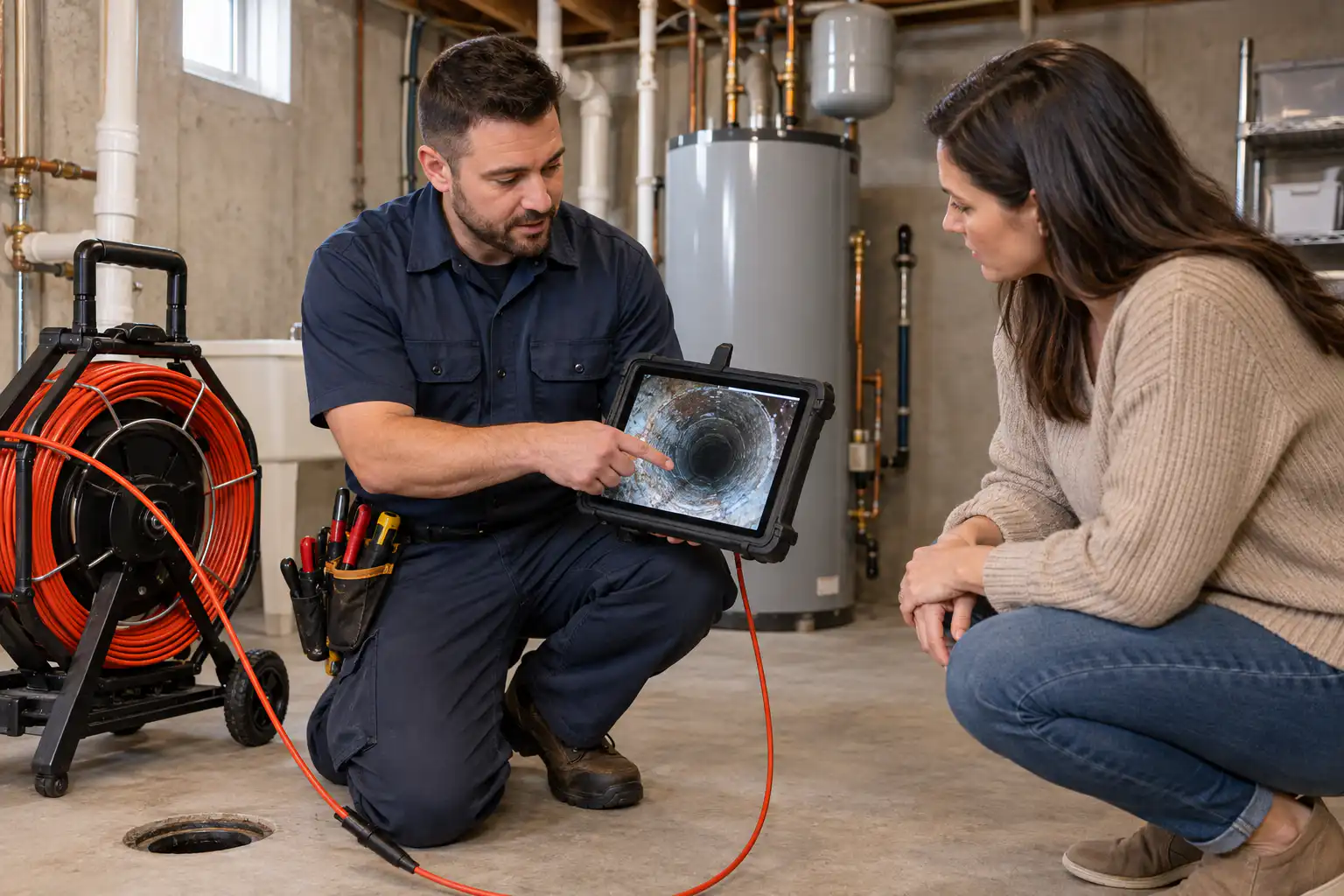 Plumber showing customer drain scoping results